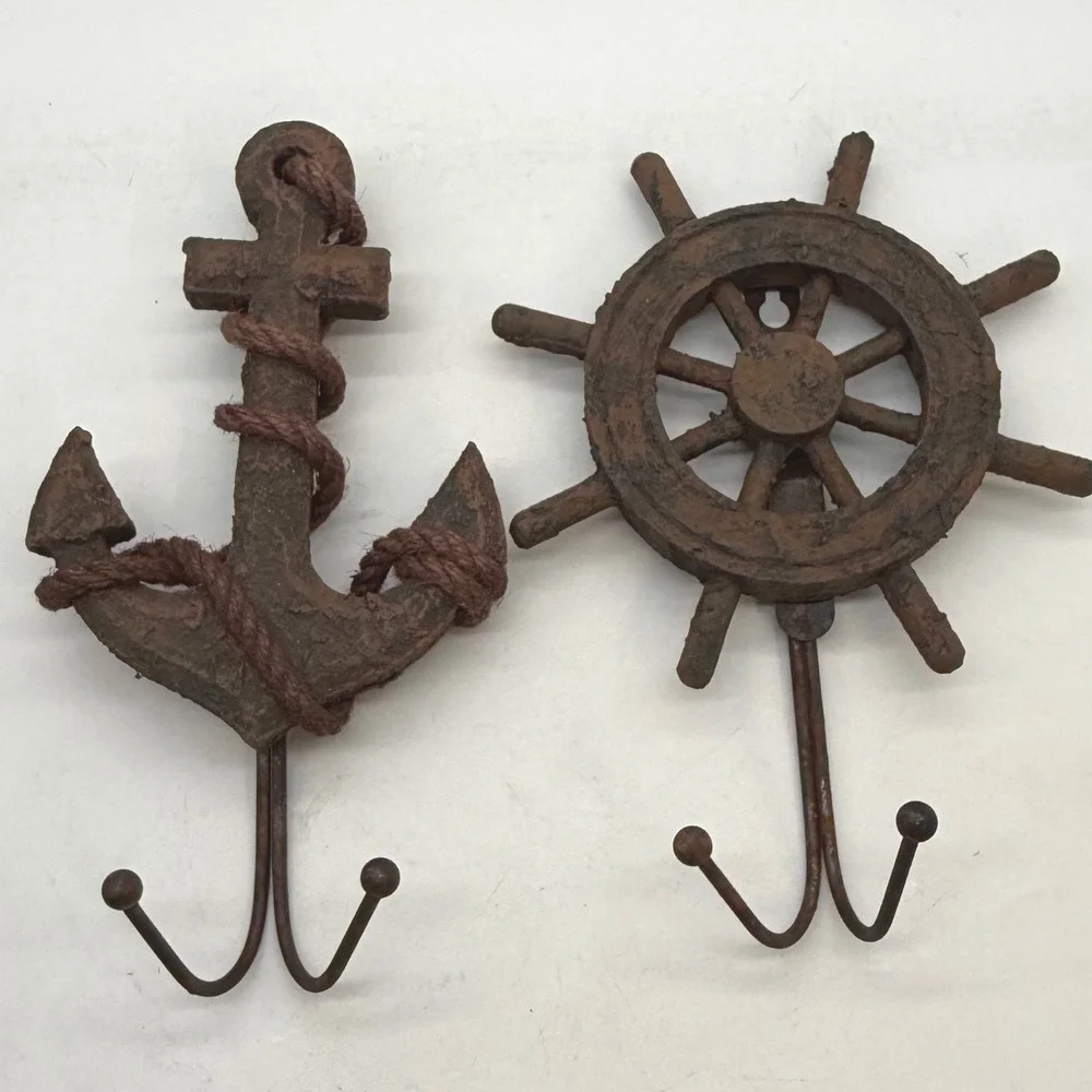 Rustic Nautical Wall Hooks Set Anchor and Ships Wheel Brown 2pc resin rope